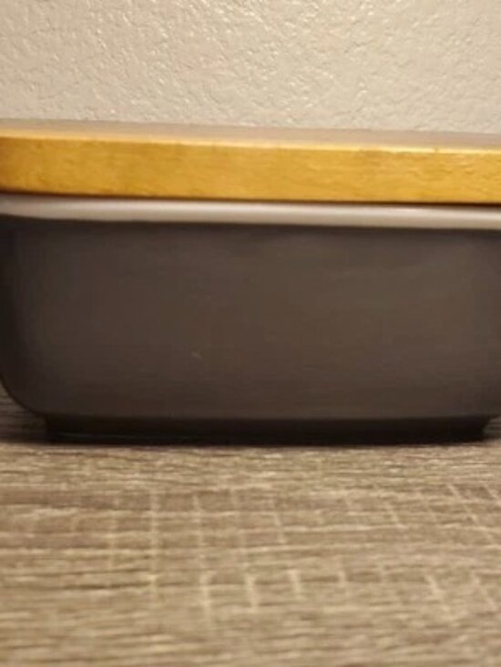 Dark Gray Ceramic Butter Dish Natural Acacia Wood Lid Silicone Seal EUC - Picture 4 of 7